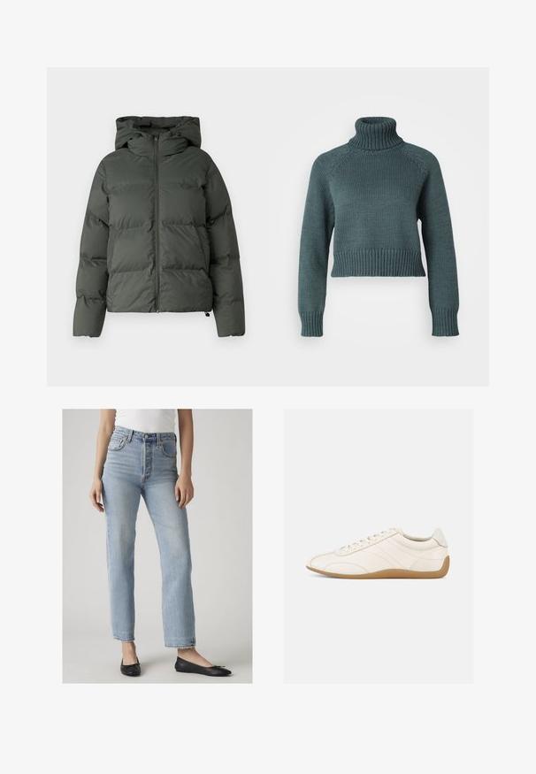 Doudoune verte foncée, dotée d'une capuche, d'une fermeture éclair à l'avant et d'une texture matelassée avec des boudins horizontaux. Fini lisse et mat.; Vero Moda Petite VMMIRANDA - Pullover - balsam green; Femme portant un jean bleu clair taille haute avec des jambes droites et des ballerines noires, debout devant un fond clair uni.; Baskets en cuir blanc à texture lisse, bout arrondi et coutures ton sur ton. Elles comportent une semelle en caoutchouc beige et une fermeture à lacets.