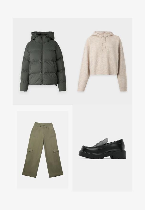 Puffjacke in Dunkelgrün, mit Kapuze, durchgehendem Reißverschluss und gestepptem Design mit horizontalen Baffles. Glatte, matte Oberfläche.; Beiger gestrickter Cropped-Hoodie mit langen Ärmeln und Kordeln, dargestellt vor einem schlichten hellen Hintergrund.; Olivgrüne Cargo-Hosen mit hoher Taille, weitem Bein und zwei großen Seitentaschen. Hergestellt aus glattem Stoff mit einem Knopfverschluss.; Schwarze Leder-Loafers mit einer chunky strukturierten Sohle, ausgestattet mit einem Riemen über dem Spann und einer glatten, polierten Oberfläche.