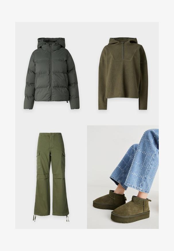 Chaqueta inflable en verde oscuro, con capucha, cierre frontal con cremallera y textura acolchada con baffles horizontales. Acabado mate suave.; Suéter de forro polar verde oliva con capucha, cierre de media cremallera en la parte delantera, tela texturizada y ribete contrastante en el dobladillo y en los puños.; Pantalones cargo verde oliva de algodón, con un diseño de pierna ancha, dos bolsillos laterales y lazos ajustables en el dobladillo.; Botines de ante verde oliva con una suela gruesa y texturizada y una tira de agarre. Combinados con unos jeans de denim azul claro, adornados.