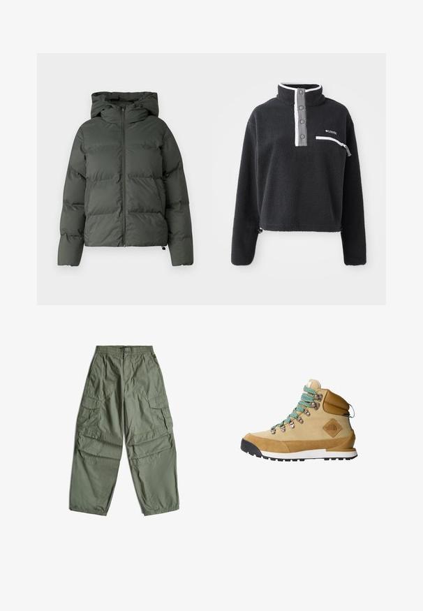 Puffjacke in Dunkelgrün, mit Kapuze, durchgehendem Reißverschluss und gestepptem Design mit horizontalen Baffles. Glatte, matte Oberfläche.; Schwarzer Fleece-Pullover mit halbem Reißverschlusskragen, ausgestattet mit einer vorderen Brusttasche und kontrastierenden weißen und grauen Akzenten. Weicher Stoff, cropped Design.; Olivgrüne Cargo-Hose mit elastischem Bund, Knopfverschluss, Vordertaschen und Klappentaschen an den Seiten.; Beige Wanderschuh mit einem Obermaterial aus Wildleder und Canvas, türkisfarbenen Schnürsenkeln, gepolstertem Schaft und schwarzem Gummisohle mit strukturiertem Grip-Muster.