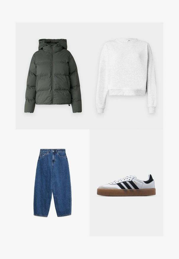 Puffjacke in Dunkelgrün, mit Kapuze, durchgehendem Reißverschluss und gestepptem Design mit horizontalen Baffles. Glatte, matte Oberfläche.; Grauer Baumwoll-Sweatshirt mit Rundhalsausschnitt, überschnittenen Schultern und gerippten Bündchen. Mit einem verkürzten Saum und weichem, strukturiertem Material.; Blaue Jeans aus Denim mit hoher Taille, lockerem Schnitt und geraden Beinen. Klassisches Fünf-Taschen-Design mit Reißverschluss und Knopfverschluss.; Weiße Leder Sneakers mit schwarzen Streifen, Gummigummi-Außensohle, runder Zehenform, Schnürverschluss und weichem grauem Wildleder-Zehenkappe.