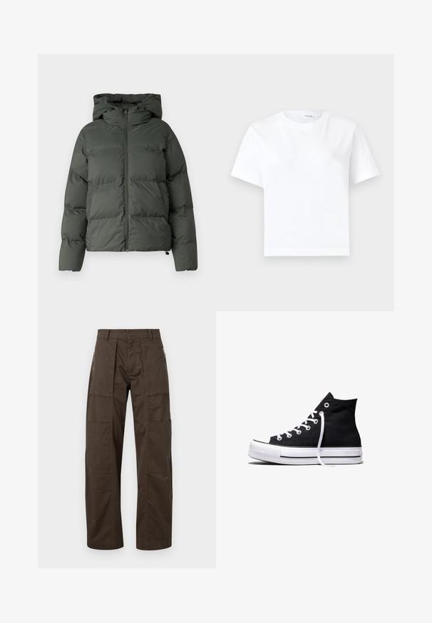 Chaqueta inflable en verde oscuro, con capucha, cierre frontal con cremallera y textura acolchada con baffles horizontales. Acabado mate suave.; Camiseta blanca lisa de algodón de manga corta con cuello redondo y dobladillo recto, mostrada sobre un fondo blanco.; Pantalones cargo marrones hechos de una tela resistente, con múltiples bolsillos, un corte relajado y detalles de costura prominentes para mayor durabilidad.; Zapatilla alta de lona negra con suela de goma blanca y cordones blancos, vista de lado sobre un fondo blanco.