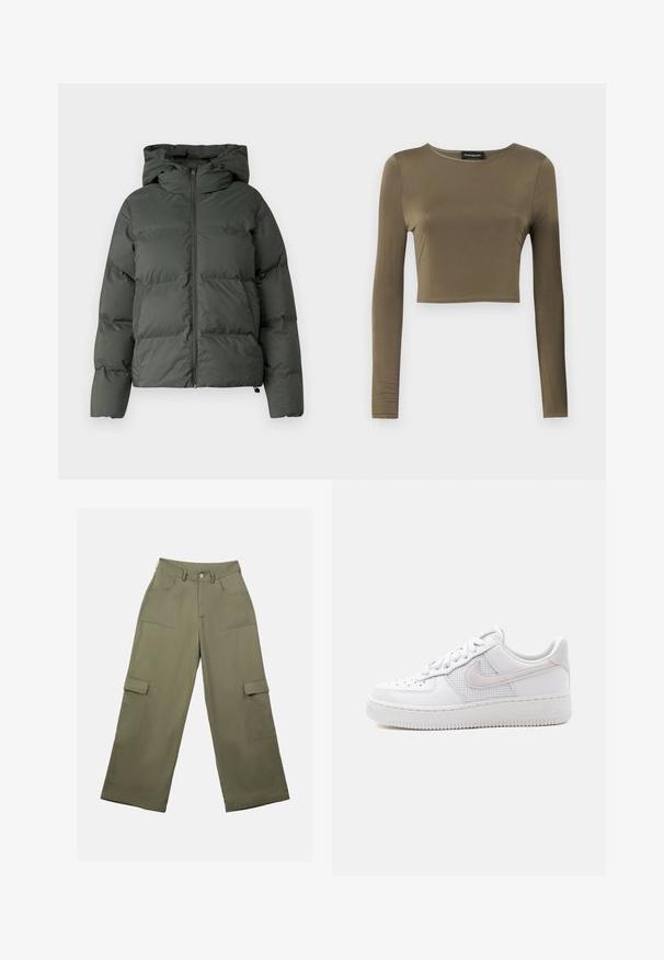 Pufferjack in donkergroen, met een capuchon, een ritssluiting aan de voorkant en een gequilt textuur met horizontale baffles. Gladde matte afwerking.; Olijfgroene, langmouw cropped top van een gladde, rekbare stof; heeft een ronde halslijn en een getailleerde pasvorm met afgewerkte zomen.; Olijfgroene cargopantalons met een hoge taille, brede benen en twee grote zijzakken. Gemaakt van soepel materiaal met een knoopsluiting.; Witte lage Nike Air Force 1 sneaker met witte veters, perforaties op de neusplaat en een mesh paneel achter het Nike Swoosh-logo.