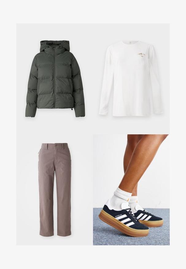 Puffjacke in Dunkelgrün, mit Kapuze, durchgehendem Reißverschluss und gestepptem Design mit horizontalen Baffles. Glatte, matte Oberfläche.; Weißes Langarmshirt mit kleinem braunem Berggrafik und dem Text "Paradise Tour" auf der linken Brust.; Braune Baumwoll-Twill-Hosen mit geradem Bein, ausgestattet mit einem Frontknopfverschluss und Seitentaschen, glatter Textur und klaren Linien.; Beine mit weißen Socken und schwarzen Adidas Gazelle Sneakers mit weißen Streifen und dicken braunen Sohlen auf einem grauen Teppichboden.