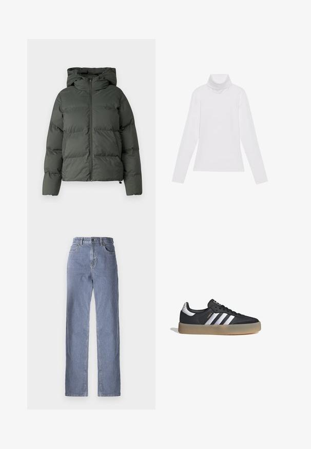 Chaqueta inflable en verde oscuro, con capucha, cierre frontal con cremallera y textura acolchada con baffles horizontales. Acabado mate suave.; Top blanco de manga larga y cuello alto, confeccionado en una tela suave y elástica. Presenta un diseño ajustado, sin patrones o adornos visibles.; Jeans de mezclilla a rayas con un diseño de pierna recta, que cuentan con un cierre de botón y cremallera, cinco bolsillos y un ligero desgaste en el color.; Zapatilla deportiva de cuero negro con tres rayas plateadas, punta texturizada y suela de goma. Cuenta con un collar acolchado y un diseño con cordones.