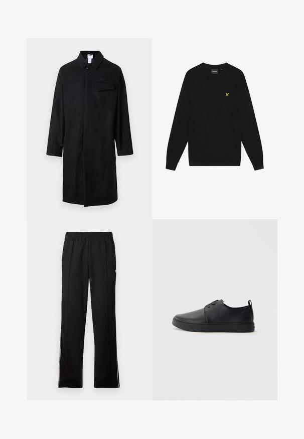Schwarzer Mantel mit Kragen, langen Ärmeln, einem einzigen Knopfverschluss und einer Brusttasche. Besitzt strukturierte Seitenpaneele.; Schwarzes Baumwoll-Sweatshirt mit langen Ärmeln und Rundhalsausschnitt. Mit einem kleinen gelben Adler-Logo auf der Brust. Weiche Textur.; Schwarze, knöchellange Sporthosen mit elastischem Bund und weißen Seitenstreifen, versehen mit einem kleinen grünen Logo auf der oberen Seite.; Schwarze Leder-Sneaker mit glatter Oberfläche, abgerundeter Zehenpartie, gleichfarbiger Nähte, schnürbarem Vorderteil und flacher Gummisohle. Schlaufe an der Ferse.