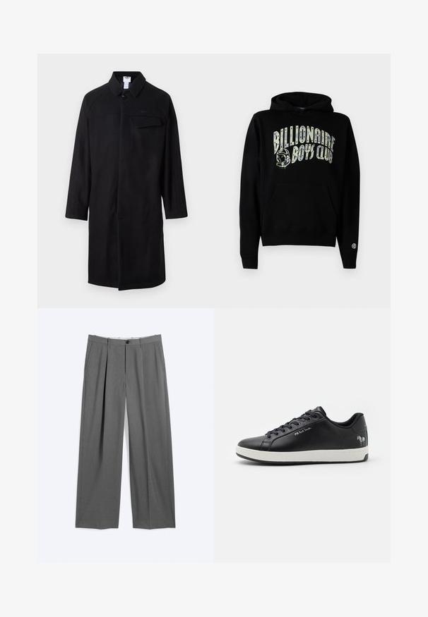 Manteau noir avec un col, des manches longues, une fermeture à un bouton et une poche poitrine. Présente des panneaux latéraux texturés.; Sweatshirt à capuche noire avec un graphique "Billionaire Boys Club" en blanc et un détail d'astronaute, poche kangourou et poignets côtelés.; Pantalon formel gris avec jambes droites, plis à l'avant, poches latérales, passants pour ceinture et fermeture devant par bouton et glissière.; Basket en cuir noir avec semelle en caoutchouc blanche, bout rond, design à lacets et graphique zèbre sur le talon. Présente un logo subtil.