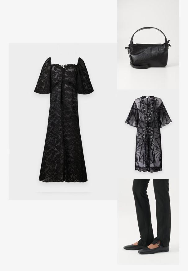 Čierny priesvitný kimono s širokými rukávmi, zdobené zložitou kvetinovou výšivkou a čipkovým lemovaním pozdĺž spodného okraja a okrajov. Otvorený predný dizajn.; Čierne šaty s krátkymi vyp puffed rukávmi, s kvetinovým čipkovým vzorom. Predná strana s gombíkmi, voľný silueta a dĺžka po kolená.; Nohy v čiernych priliehavých nohaviciach s prednými rozparkami na leme, v kombinácii s čiernymi plochými topánkami Mary Jane s malým prackovým remienkom.; Čierna kožená kabelka so štruktúrovaným dizajnom, okrúhlym horným uchom a odnímateľným ramenným popruhom. Má hladkú textúru a jemný lesk.