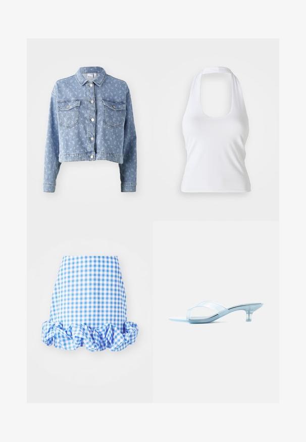 Lichtblauwe denimjack met een cropped pasvorm, knoopsluiting, twee borstzakken en een subtiele florale patroonstructuur. Standaard kraagontwerp.; Witte haltertop met een ronde halslijn, gemaakt van een gladde, rekbare stof. Heeft een minimalistisch ontwerp zonder versieringen of patronen.; Blauwe en witte geruite rok met een rucheszoom. Heeft een getailleerde pasvorm en een zachte stoftextuur. Het patroon bestaat uit kleine vierkante checks.; Transparante lage sandaal met doorzichtige bandjes en een slanke, licht gebogen hak op een witte achtergrond.
