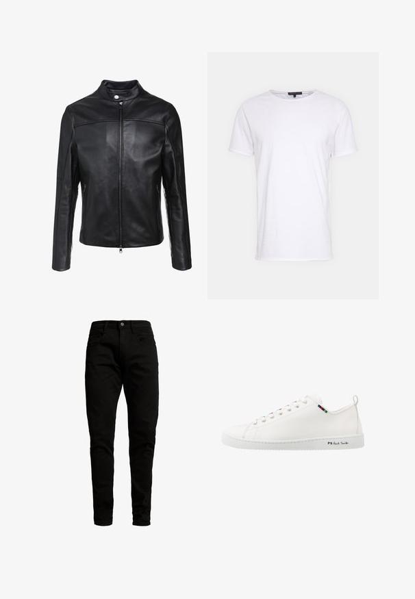 Veste en cuir noir avec col montant, fermeture éclair à l'avant et deux poches latérales. Texture lisse avec des accents de coutures décalées.; T-shirt en coton blanc avec un col rond, des manches courtes et une coupe droite. Présente une texture simple et lisse, sans motifs supplémentaires.; Jean en denim noir avec une coupe slim, comportant cinq poches, une fermeture à bouton et des accents de couture subtils. Texture lisse et couleur uniforme.; Sneaker en cuir blanc avec une texture lisse, bout rond et détail de bande de couleur contrastante près des lacets. Dispose d'une semelle en caoutchouc et d'un logo sur le côté.