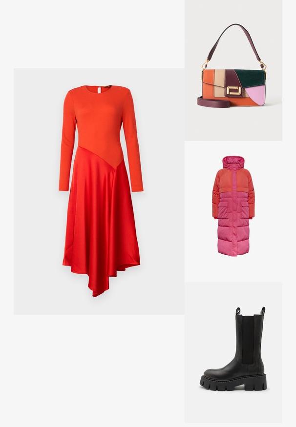 Lange pufferjas met capuchon, kleurblokontwerp in tinten rood en roze, met twee voorkuiten en een ritssluiting aan de voorkant.; Rode jurk met lange mouwen, een ronde hals en een sleutelgat achter. Kenmerkt een gladde top en een asymmetrische satijnen rok met een vloeiende afwerking.; Zwarte leren enkellaars met elastische zijkanten, trekflappen, een stevige, profielzool en versterkte stiksels. Het oppervlak heeft een gladde textuur.; Colorblock leren handtas in oranje, beige, bordeaux, groen en roze met gouden sluiting en dubbele bordeauxkleurige banden, één kort en één lang.