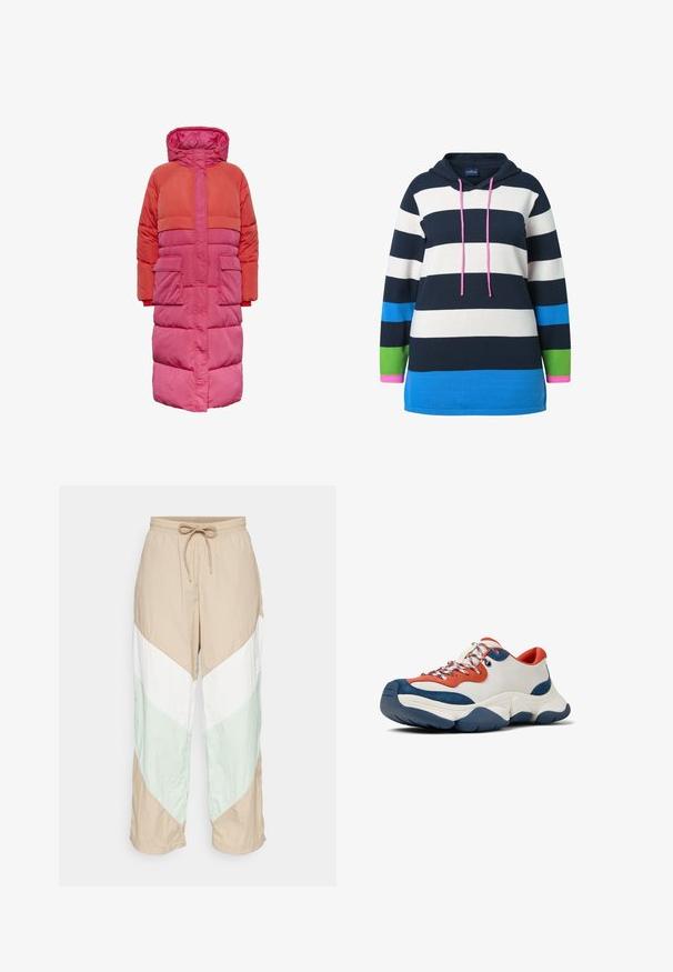 Lang dunfrakke med hætte, farveblokdesign i nuancer af rød og pink, med to frontlommer og lynlås foran.; Hættetrøje med striber i navy, hvid, blå og grønne horisontale bånd, med pink snore og pink ærmekanter.; Letvægtige, farveblokerede bukser har beige, hvid og lys grønne paneler i et chevron-design. Elastisk talje med justerbar snørelukning.; Hvide lædersneakers med blå og orange accenter, strukturerede suede-paneler og mønstrede snørebånd. Har en kraftig gummisål for støtte.