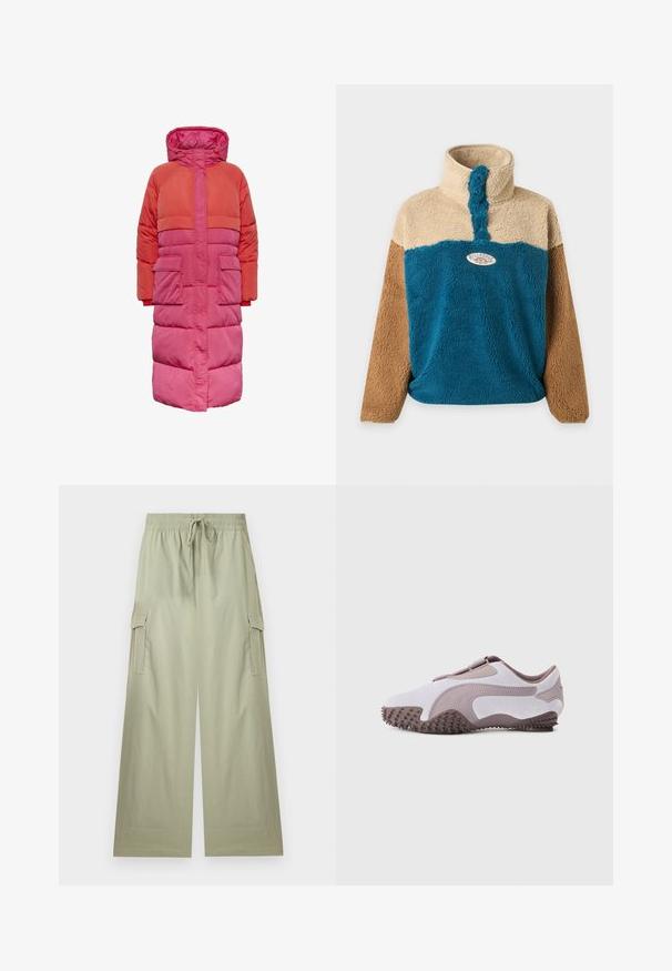 Lange pufferjas met capuchon, kleurblokontwerp in tinten rood en roze, met twee voorkuiten en een ritssluiting aan de voorkant.; Fleece trui met hoge kraag, met beige bovenkant, petroleummiddelstuk, bruine mouwen en een ovale patch op de borst.; Lichtgroene cargo-broek met wijde pijpen, elastische tailleband en trekkoord, met zijflappzakken en een ontspannen pasvorm.; Lichtgrijze sportschoen met een zachte suède bovenkant, rubberen zool met textuurrijke spikes en een flexibel ontwerp. Zijlogo in een donkere tint.