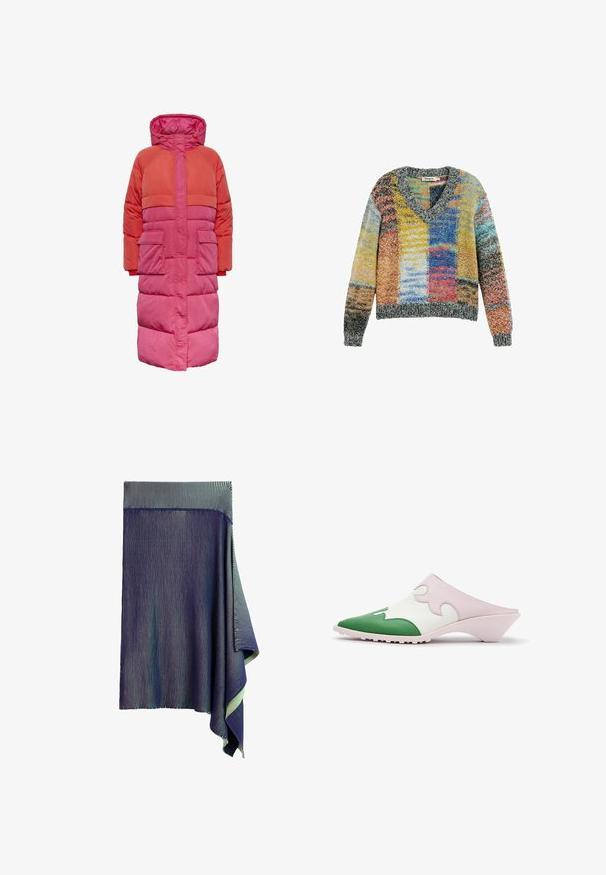 Lange pufferjas met capuchon, kleurblokontwerp in tinten rood en roze, met twee voorkuiten en een ritssluiting aan de voorkant.; Kleurrijke gebreide trui met V-hals en lange mouwen, met een patchworkpatroon in gele, blauwe, rode en grijze tinten.; Donkerblauwe gebreide rok met zeer fijne witte verticale strepen en een asymmetrische geplooide zoom aan één kant.; Slip-on mule schoen met puntige groene neus, witte bovenzijde met roze golvend overlay en lage schuine hak op witte achtergrond.