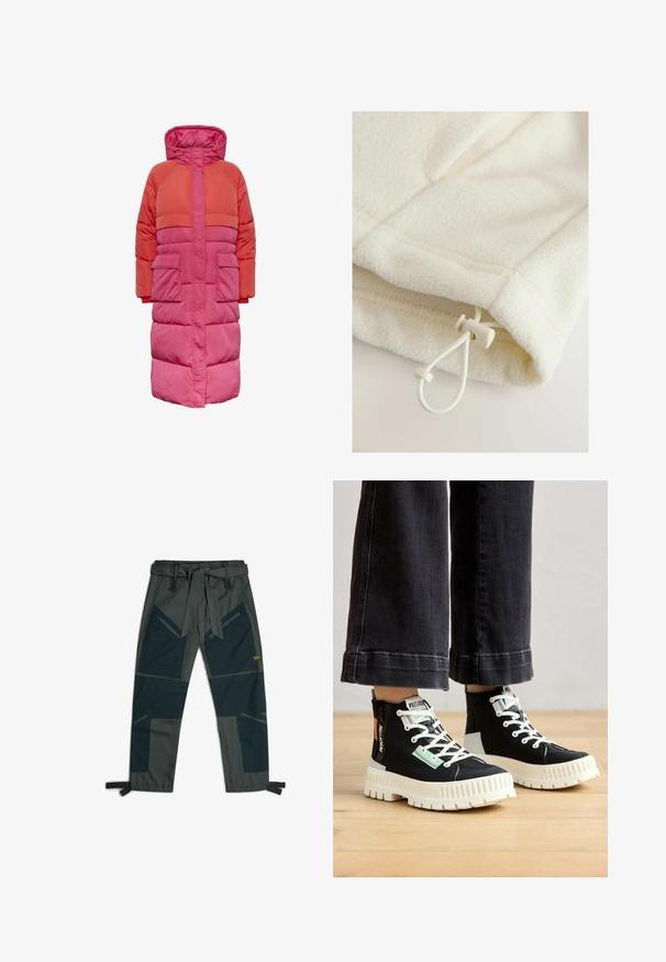 Lange pufferjas met capuchon, kleurblokontwerp in tinten rood en roze, met twee voorkuiten en een ritssluiting aan de voorkant.; Fleece kledingstuk in off-white met een zachte textuur, voorzien van een touwtje met schuifknop voor verstelbaarheid aan de zoom.; Broek met een riem, voorzien van een mix van donkergroene en grijze stoffen, hoekig patchworkontwerp, meerdere zakken en verstelbare enkelbandjes.; Zwarte high-top sneakers met witte rubberen zolen, gestructureerde stof, groene en oranje accenten, en witte veters. Gedetailleerde stiksels aan de zijkanten.