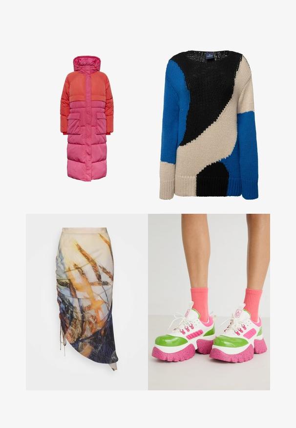 Lange pufferjas met capuchon, kleurblokontwerp in tinten rood en roze, met twee voorkuiten en een ritssluiting aan de voorkant.; Gebreide trui met gedurfde kleurblokken in zwart, blauw en beige. Ronde hals, lange mouwen en ribgebreide manchetten zorgen voor textuur en warmte.; Materiel DIAGONAL GATHERED SKIRT - Kokerrok - golden hour; Chunky sneakers met een glanzend groene en witte bovenkant, roze accenten en een gestructureerde roze gespikkelde zool. Draag met felroze sokken.