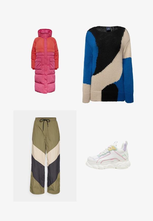 Lang dunfrakke med hætte, farveblokdesign i nuancer af rød og pink, med to frontlommer og lynlås foran.; Strikket sweater med markante farvefelter i sort, blå og beige. Rund hals, lange ærmer og ribbede manchetter giver tekstur og varme.; Letvægts, farveblokerede bukser med olivengrønne, beige og marineblå chevron-mønstre. Elastisk talje med snor. Løs pasform.; Hvid chunky sneaker med pastelgrønne, lyserøde, gule og lilla detaljer og en tyk tekstureret sål set fra siden.