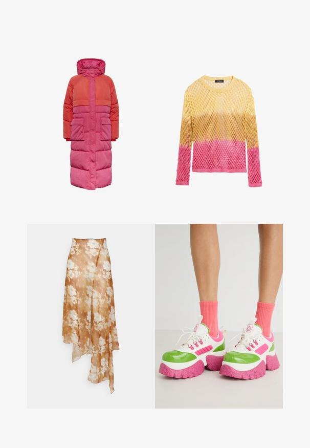 Lang dunfrakke med hætte, farveblokdesign i nuancer af rød og pink, med to frontlommer og lynlås foran.; Langærmet åbenstrikket sweater med gul, gylden og pink gradientfarver, med rund halsudskæring og Desigual mærkeetiket.; Ioannes SHAWL SKIRT - A-snit nederdel - sprayed lace ochre; Chunky sneakers med en blank grøn og hvid overdel, pink detaljer og en struktureret pinkprikket sål. Båret med lyserøde strømper.