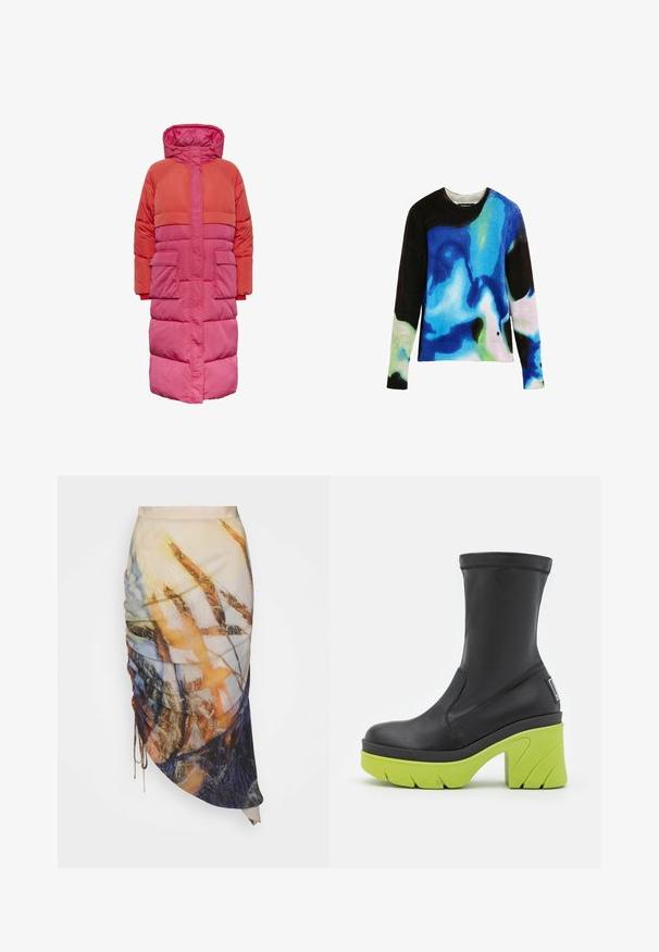 Lange pufferjas met capuchon, kleurblokontwerp in tinten rood en roze, met twee voorkuiten en een ritssluiting aan de voorkant.; Langarmige trui met ronde hals en een abstract patroon in blauw, zwart, groen en wit dat lijkt op aquarel penseelstreken.; Materiel DIAGONAL GATHERED SKIRT - Kokerrok - golden hour; Steve Madden GEORGINIA - Enkellaarsjes met plateauzool - black/lime