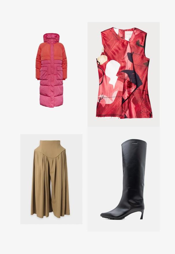 Lang dunfrakke med hætte, farveblokdesign i nuancer af rød og pink, med to frontlommer og lynlås foran.; Rød satin top med abstrakte blomster mønstre i sort og creme. Har et omslagdesign og ærmeløs skæring, med lynlås lukning på ryggen.; Højtaljede viddebukser i tan med plisser og en tætsiddende talje, vist på en flad, lysegrå baggrund.; Knæhøj sort læderstøvle med spids tå og slank, høj hæl. Glat tekstur med minimal hardware og mærkelogo nær toppen.