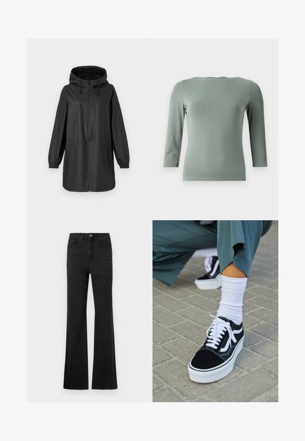 Sort lang regnfrakke med hætte, frontlynlås, elastiske manchetter og sidelommer, præsenteret på en ensfarvet baggrund.; Mintgrøn, tætsiddende langærmet top med en bred udskæring og trekvartærmer. Lavet af et glat, strækbart stof med minimale sømme.; Sorte højtaljede denim jeans med foran knap, bæltestropper og let udvidede ben mod en hvid baggrund.; Sorte ruskinds sneakers med hvide accenter og snørebånd, der har en tyk hvid sål og kontrasterende syninger, parret med en hvid sok.