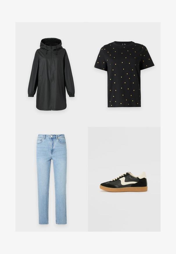 Manteau de pluie noir long avec capuche, zip frontal, poignets élastiques et poches latérales, présenté sur un fond uni.; T-shirt noir à manches courtes en coton, arborant de petits motifs en forme de cœur doré répartis uniformément sur le tissu. Col rond.; Jean en denim bleu clair à taille haute, jambes droites, cinq poches et fermeture par bouton ; couleur uniforme et texture lisse partout.; Baskets en daim et cuir noir avec un swoosh latéral crème et un talon crème clair. Dotées de lacets beige et d'une semelle en caoutchouc gomme.