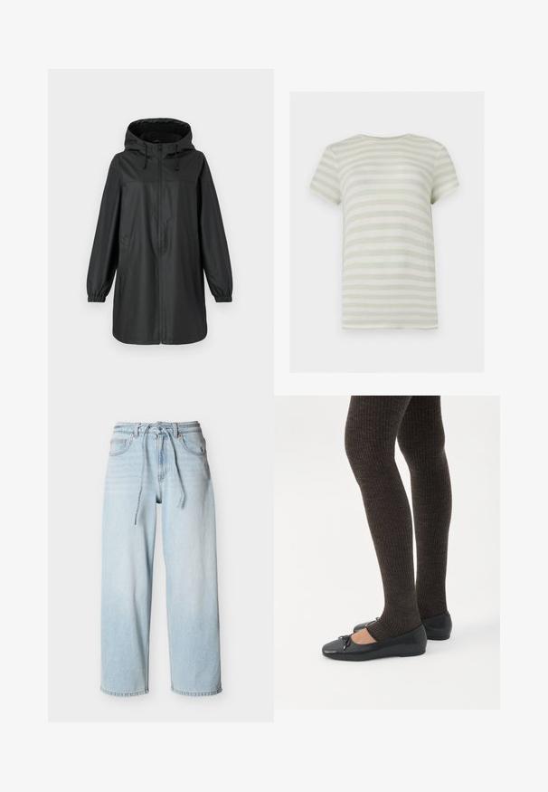 Sort lang regnfrakke med hætte, frontlynlås, elastiske manchetter og sidelommer, præsenteret på en ensfarvet baggrund.; Kortærmet T-shirt med rund halsudskæring med horisontale lysegrønne og hvide striber, ensfarvet ryg og ribstrikket tekstur.; Lyseblå vidde ben denimjeans med snøre i taljen, forlommer og bæltestropper mod en ensfarvet baggrund.; Ben iført mørke ribbede leggings kombineret med sorte balletsko med små sløjfedetaljer på hvid baggrund.