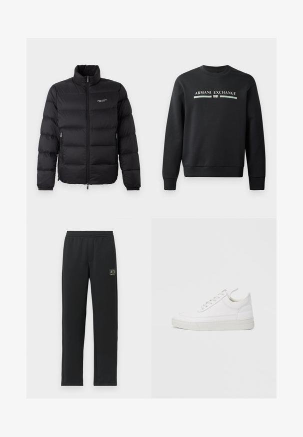 Schwarze Steppjacke mit hohem Kragen, ausgestattet mit einem Reißverschluss vorne und zwei Seitentaschen. Leicht gestepptes Material mit Logo auf der Brust.; Schwarzer Sweatshirt aus weichem Stoff. Mit Rundhalsausschnitt und langen Ärmeln. Auf der Vorderseite sind "ARMANI EXCHANGE" und "1991" in kontrastierenden Farben gedruckt.; Schwarze Sweatpants mit geradem Bein, elastischem Bund und schwarzem Patch-Logo auf dem oberen linken Oberschenkel.; Weißer Ledersneaker mit abgerundetem Zehenbereich, flacher Sohle und Schnürverschluss. Verfügt über Nahtdetails und einen gepolsterten Kragen für zusätzlichen Komfort.