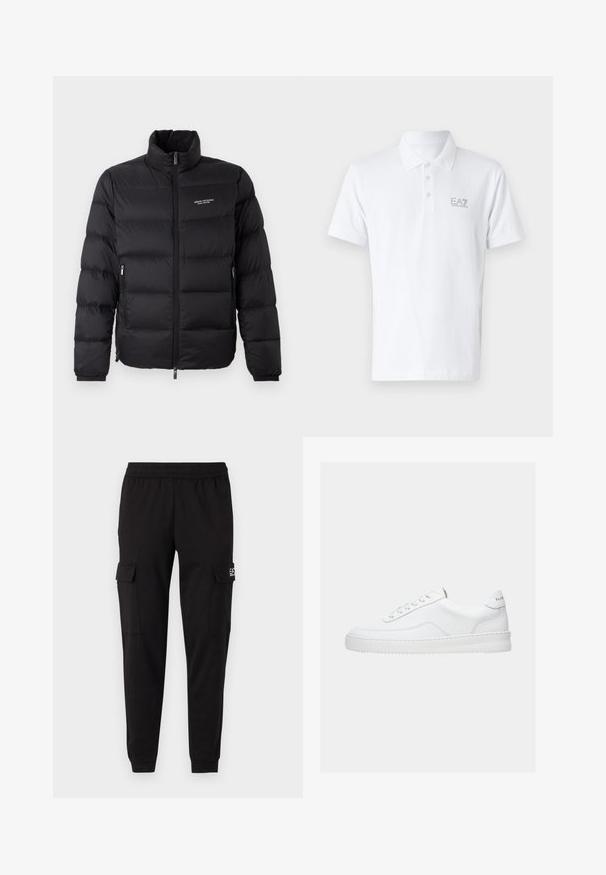 Doudoune noire avec un col haut, dotée d'une fermeture éclair à l'avant et de deux poches latérales. Tissu légèrement matelassé avec le logo de la marque sur la poitrine.; Polo shirt blanc en coton. Il présente un col classique, une patte de boutonnage à trois boutons et un logo EA7 gris clair sur la poitrine. Manches courtes.; Pantalons cargo noirs avec une taille élastique, deux poches latérales et un logo sur le côté gauche. Texture lisse, avec une coupe fuselée au niveau des chevilles.; Baskets basses blanches avec un design à lacets, dessus en cuir lisse et semelle épaisse, montrées de profil sur un fond uni.