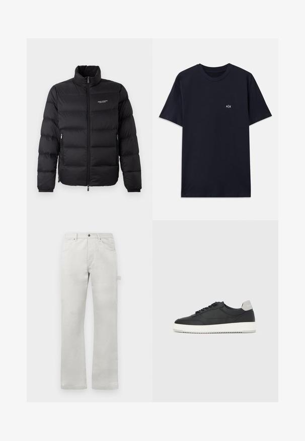 Schwarze Steppjacke mit hohem Kragen, ausgestattet mit einem Reißverschluss vorne und zwei Seitentaschen. Leicht gestepptes Material mit Logo auf der Brust.; Marineblaue Baumwoll-T-Shirt mit kurzen Ärmeln und Rundhalsausschnitt. Mit einem kleinen weißen "A|X"-Logo auf der linken Brustseite.; Helle graue Hose mit gerader Passform, aus glattem Baumwollstoff gefertigt, mit Eingrifftaschen vorne und einer seitlichen Cargo-Tasche.; Schwarzer Low-Top-Sneaker mit weißer Sohle und grauem Fersenlaschen, Seitenansicht vor einem weißen Hintergrund.