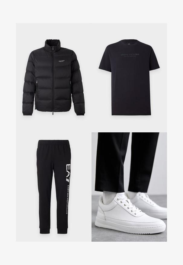 Doudoune noire avec un col haut, dotée d'une fermeture éclair à l'avant et de deux poches latérales. Tissu légèrement matelassé avec le logo de la marque sur la poitrine.; T-shirt en coton noir à manches courtes, col rond et légèrement ample. Présente le texte "ARMANI EXCHANGE MILANO / NEW YORK" en gris foncé.; Pantalons de survêtement noirs fabriqués en tissu extensible. Dotés d'une taille élastique, de poignets resserrés et d'un marquage blanc sur la jambe gauche.; Baskets blanches en cuir avec une semelle en caoutchouc plat, présentant une finition lisse, un bout rond et des œillets en métal pour les lacets. Portées avec un pantalon noir.