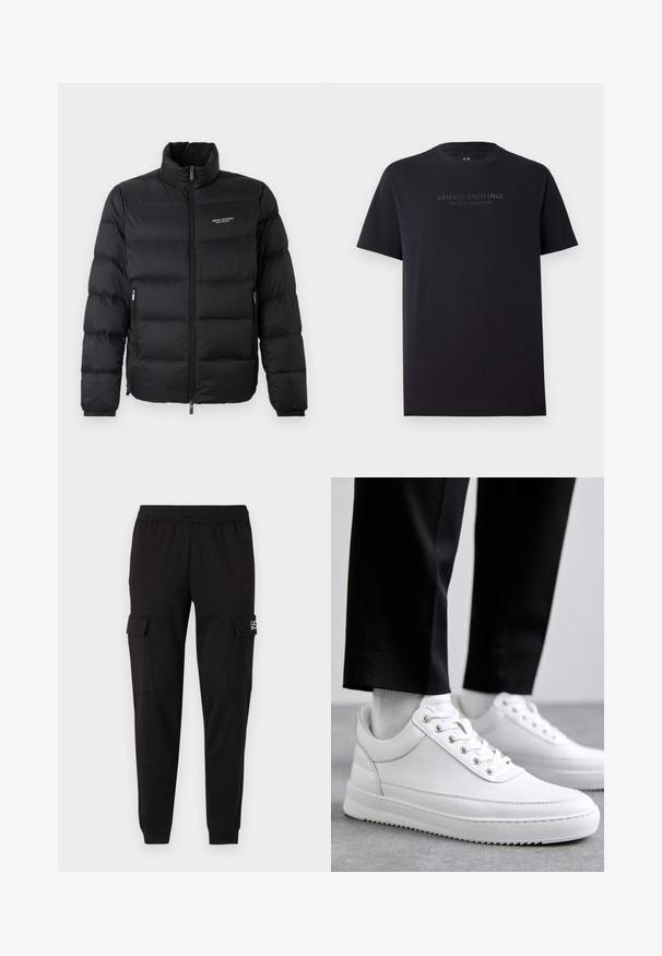 Schwarze Steppjacke mit hohem Kragen, ausgestattet mit einem Reißverschluss vorne und zwei Seitentaschen. Leicht gestepptes Material mit Logo auf der Brust.; Schwarzes Baumwoll-T-Shirt mit kurzen Ärmeln, Rundhalsausschnitt und einem leicht lockeren Schnitt. Mit der Aufschrift "ARMANI EXCHANGE MILANO / NEW YORK" in dunkelgrauer Schrift.; Schwarze Cargo-Hosen mit elastischem Bund, zwei Seitentaschen und Logodetail auf der linken Seite. Glatte Textur, verjüngt an den Knöcheln.; Weiße Leder-Sneaker mit flacher Gummisohle, ausgestattet mit einer glatten Oberfläche, runder Zehenpartie und Metallösen für die Schnürsenkel. Getragen mit schwarzen Hosen.