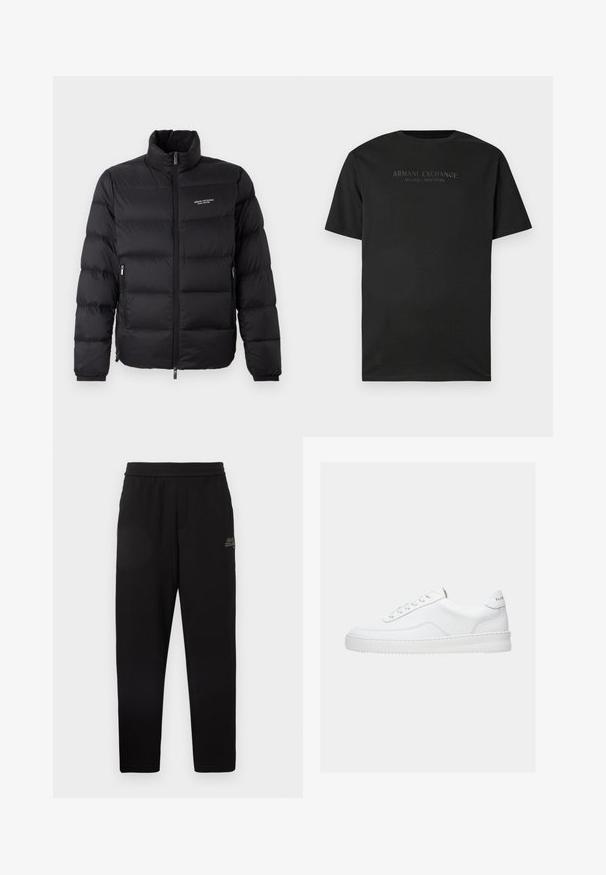 Zwarte pufferjack met een hoge kraag, voorzien van een voorrits en twee zijzakken. Licht gewatteerde stof met het merkimpressie op de borst.; Zwarte korte mouwen crew neck t-shirt met "ARMANI EXCHANGE MILANO / NEW YORK" in kleine donkergrauwe letters op de borst gedrukt.; Zwarte tapering sweatpants met een elastische tailleband en een klein gedrukt logo op de bovenste linker dij.; Witte lage sneaker met vetersluiting, glad leren bovenwerk en dikke zool, gezien vanuit de zijkant tegen een effen achtergrond.