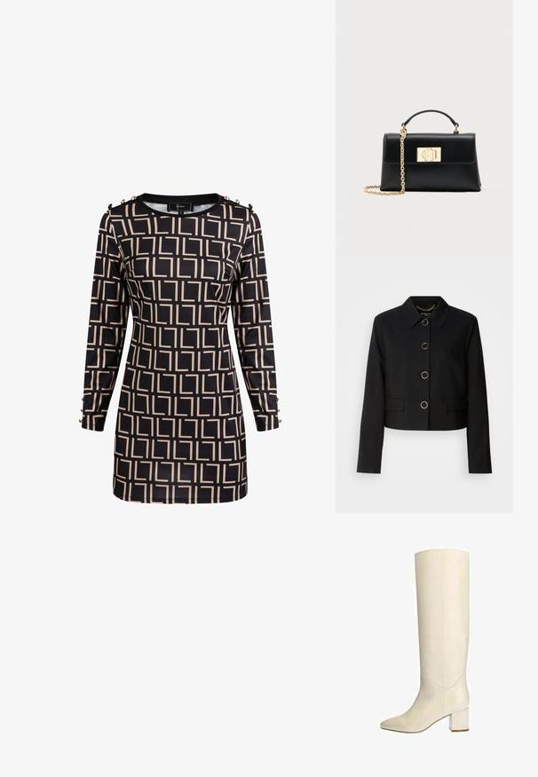 MARCIANO BY GUESS CHRISTINA CROPPED JACKET - Lichte jas - black; Zwarte lange mouwen jurk met beige geometrisch vierkant patroon en decoratieve knopen op schouders en manchetten, aansluitende pasvorm.; Kniehoge witte leren laars met een spitse neus en blokhak. Glad oppervlak en minimale stiknaad, wat zorgt voor een elegante silhouet.; Zwarte leren handtas met een gestructureerde vorm, voorzien van een bovenhandgreep en een kettingriem met goudkleurige schakels. Decoratieve gouden hardware met logodetail.