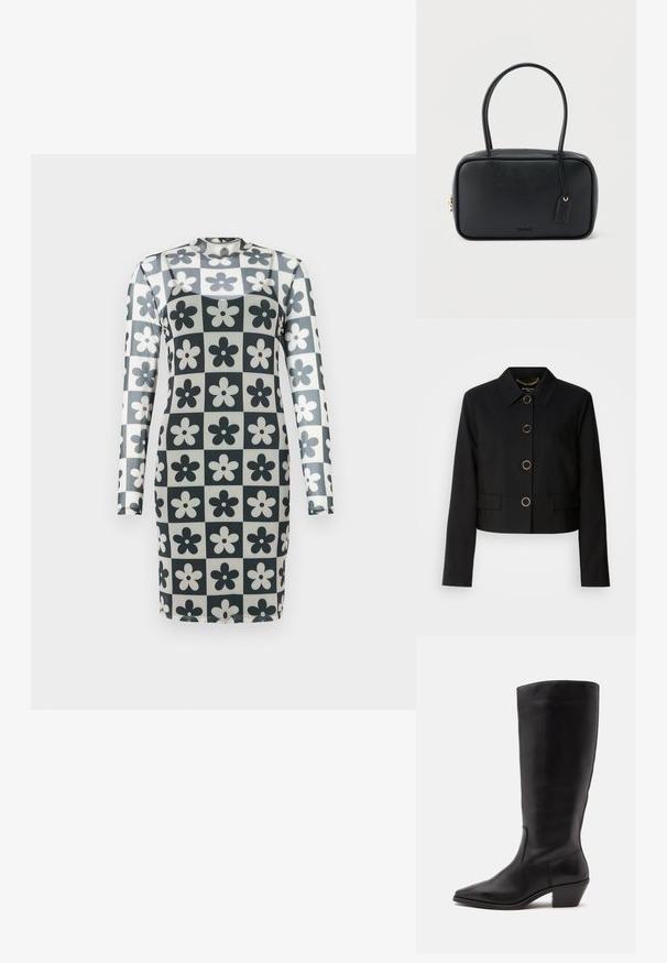 MARCIANO BY GUESS CHRISTINA CROPPED JACKET - Let jakke / Sommerjakker - black; Langærmet kjole med et rutemønster i sort og hvide blomster, lavet af et glat, strækbart materiale. Høj halsudskæring, tætsiddende form.; Sort læderstøvle til midtkalv med spids tå og lavt skråt hæl på en enkel lys baggrund.; Sort rektangulær håndtaske med dobbelte runde håndtag, gylden lynlås og præget "HUGO"-logo foran med fastgjort lædermærke.