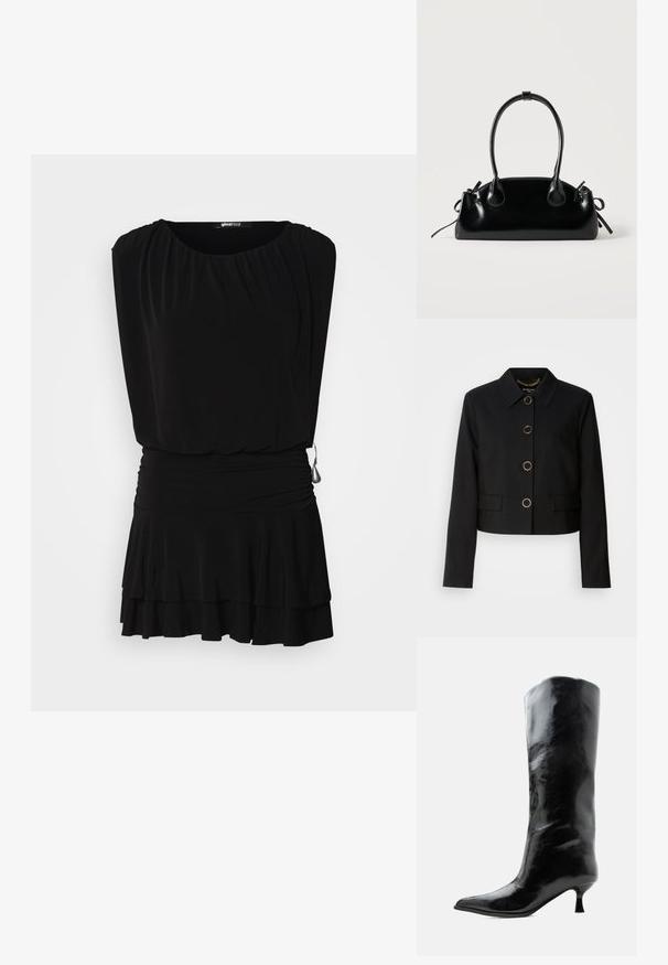 MARCIANO BY GUESS CHRISTINA CROPPED JACKET - Leichte Jacke - black; Schwarzes Kleid mit kurzen Ärmeln, gerafftem Ausschnitt, geraffter Taille und mehrlagigem Rüschensaum. Hergestellt aus leichtem, glattem Stoff.; Schwarzer glänzender kniehoher Lederstiefel mit spitzer Spitze und niedrigem, gebogenem Absatz auf einfachem hellem Hintergrund.; Kleine schwarze glänzende Handtasche mit zwei langen Griffen und seitlichen Kordelzug-Details vor einfachem hellem Hintergrund.
