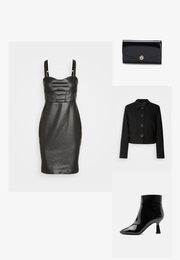 MARCIANO BY GUESS CHRISTINA CROPPED JACKET - Leichte Jacke - black; Schwarzes Kunstlederkleid mit taillierter Silhouette, dünnen Trägern und einem strukturierten, gepolsterten Oberteil mit vertikalen Nähten. Glatte Textur.; Schwarzer glänzender Lackleder-Stiefelette mit spitzer Zehenpartie und ausgestelltem mittelhohem Absatz auf weißem Hintergrund.; Glänzende schwarze Leder-Clutch mit einem goldfarbenen, ineinander verschlungenen B-Logo auf der vorderen Klappe, geschlossen vor weißem Hintergrund gezeigt.
