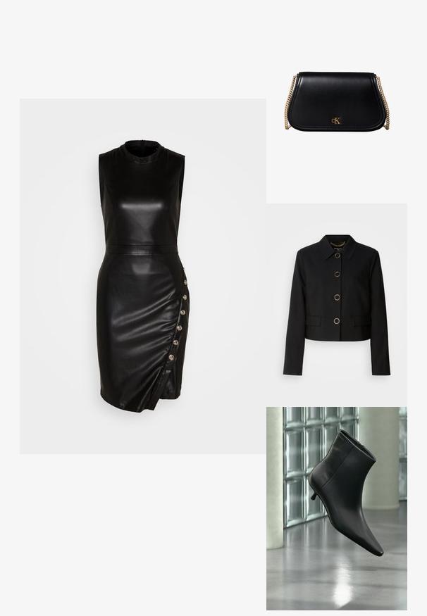 MARCIANO BY GUESS CHRISTINA CROPPED JACKET - Καλοκαιρινό μπουφάν - black; Μαύρο δερμάτινο φόρεμα χωρίς μανίκια με ψηλό λαιμό, εφαρμοστή σιλουέτα, ασύμμετρο στρίφωμα και διακοσμητικά κουμπιά κατά μήκος της πλευρικής ραφής.; Μαύρο δερμάτινο μποτάκι αστραγάλου με μυτερή μύτη και χαμηλό τακούνι τύπου kitten heel, εμφανίζεται σε γωνία μπροστά σε γυαλισμένο πάτωμα και τοίχο από γυάλινους τούβλους.; Μαύρη δερμάτινη τσάντα ώμου με χρυσή αλυσίδα λουράκι και μικρό χρυσό λογότυπο "cK" στο κέντρο μπροστά.