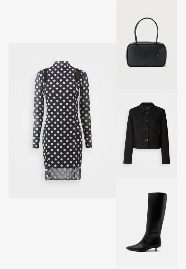 MARCIANO BY GUESS CHRISTINA CROPPED JACKET - Καλοκαιρινό μπουφάν - black; Φόρεμα μαύρο με μακριά μανίκια και σχέδιο με άσπρες και κόκκινες βούλες, ψηλό γιακά, ανοιχτούς ώμους και ελαφρώς διάφανο ύφασμα.; Μαύρο δερμάτινο μπότες μέχρι το γόνατο με μυτερή μύτη και χαμηλό τακούνι kitten πάνω σε απλό ανοιχτό φόντο.; Μαύρη ορθογώνια τσάντα χειρός με διπλές στρογγυλές λαβές, χρυστό φερμουάρ και ανάγλυφο λογότυπο "HUGO" στο μπροστινό μέρος με συνδεδεμένη δερμάτινη ετικέτα.