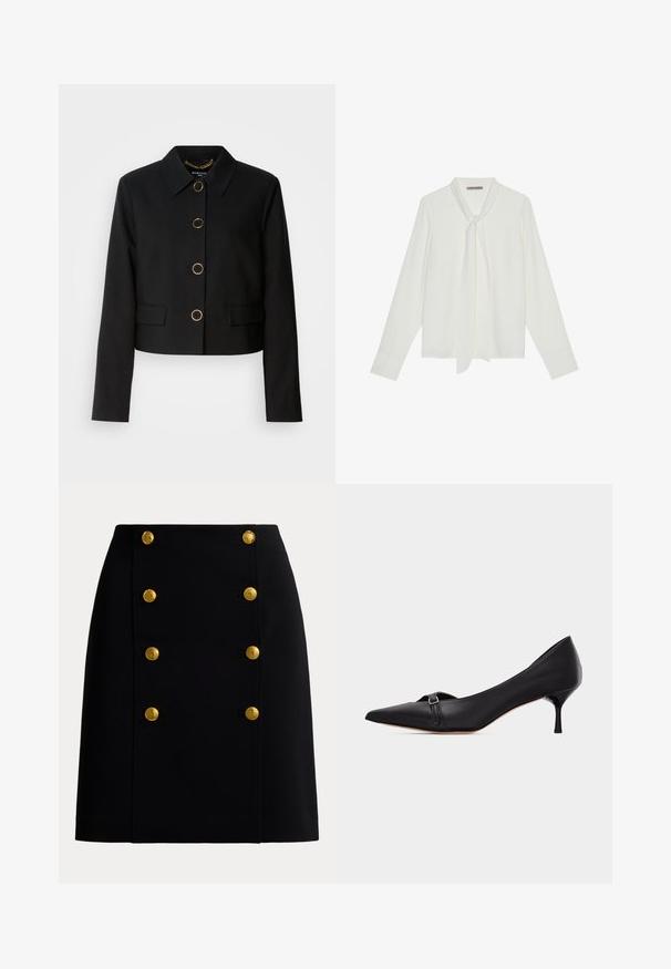 MARCIANO BY GUESS CHRISTINA CROPPED JACKET - Suvejakk - black; Valge pika varrukaga pluus, mis on valmistatud siledast kangast, kaeluses on side ning varrukaotsad on kohandatud. Lihtne, klassikaline disain ilma mustriteta.; Must kõrge lõikega seelik, mille ees on kaks vertikaalset rida kuue dekoratiivse kuldse nööbiga ühtlase tausta ees.; Mustast nahast terava ninaga kitsa kontsaga king, millel on ees väike pannalrihm, kujutatud valgel lihtsal taustal.