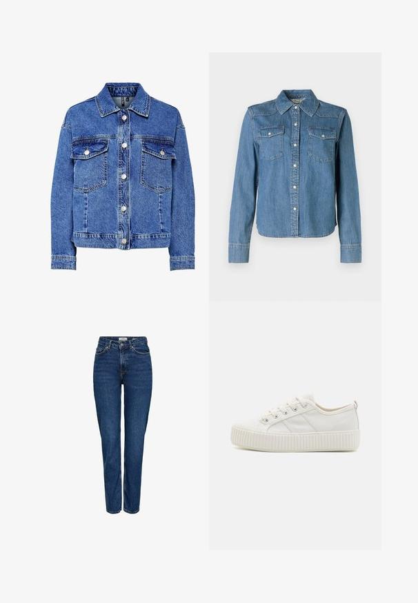Lysblå denimjakke med lange ærmer, knapfront og to brystlommer. Har kontrasterende syninger og klassisk kravedesign.; Denimskjorte med en lys blå nuance, klassisk krave og to brystlommer. Den har trykknapper og lange ærmer med knapmanchetter.; Mørkeblå denimjeans med lige ben, høj talje, fem lommer, lyse syninger og en diskret struktureret finish.; Hvide lærreds sneakers med en struktureret gummisål, rund tå og snørebåndsdesign, der har tre sidelinjer.