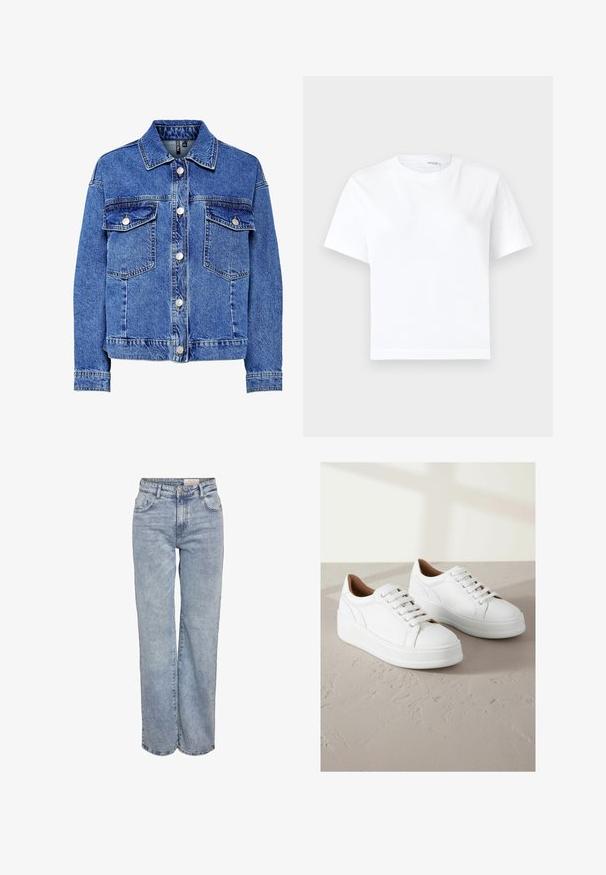 Lysblå denimjakke med lange ærmer, knapfront og to brystlommer. Har kontrasterende syninger og klassisk kravedesign.; Hvid kortærmet bomuld t-shirt med rund halsudskæring og lige kant, vist på en hvid baggrund.; Lyseblå vidde jeans lavet af denim, med høj talje, fem-lomme design og subtil falmning for et slidt look.; Hvide lædersneakers med en plateau sål, som har en rund tå, seks snørrehuller og diskrete side-syninger.
