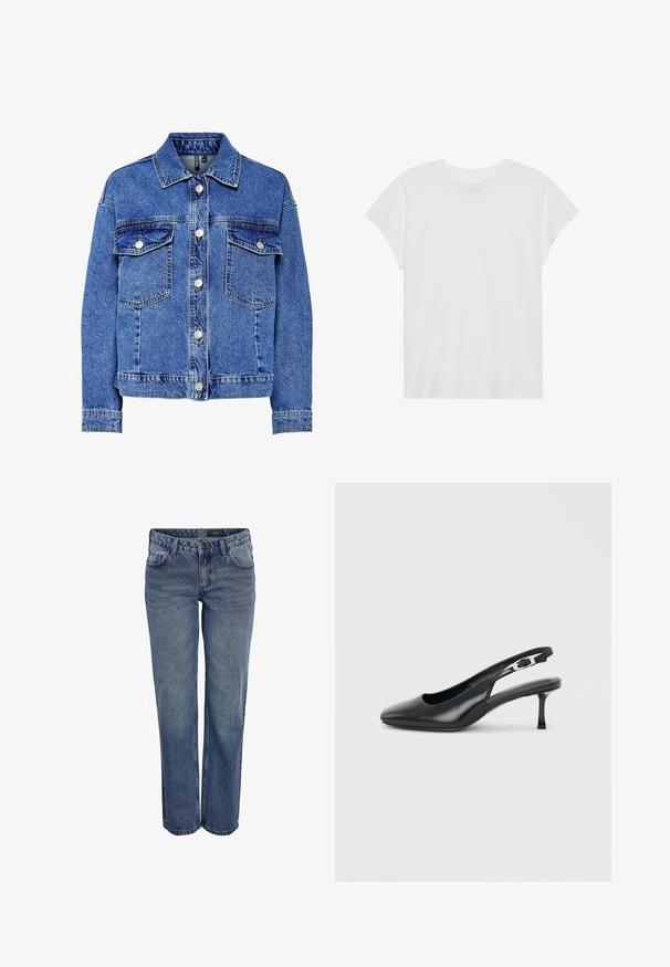 Lysblå denimjakke med lange ærmer, knapfront og to brystlommer. Har kontrasterende syninger og klassisk kravedesign.; Hvid kortærmet t-shirt med rund hals, afslappet pasform, lavet af blødt bomuldsstof. Glat tekstur, ingen mønstre eller logoer.; Blå denim jeans med en lige benudskæring, der har et klassisk fem-lomme design, diskrete stikninger og en knaplukning.; Sort læder slingback-sko med spids snude, lav, slank kittenhæl og justerbar spænde på en ensfarvet lys baggrund.