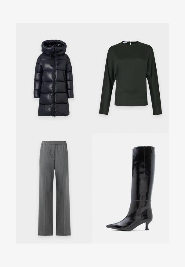 Doudoune noire avec un col montant, présentant un extérieur en nylon brillant, des manches longues, une fermeture éclair et deux poches latérales zippées.; Haut à manches longues vert foncé en tissu lisse. Présente un col haut et une fermeture en forme de clé au dos. Coupe droite avec un minimum de détails.; Pantalons gris à jambes larges avec une taille élastique, fabriqués dans un tissu texturé présentant un motif de tissage subtil.; Bottes en cuir noir, montantes jusqu'au genou, avec une finition brillante, un bout pointu et un petit talon carré. Texture lisse, détails de couture minimalistes.