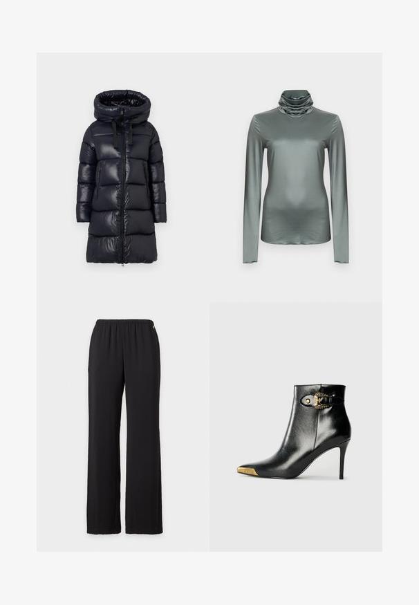 Doudoune noire avec un col montant, présentant un extérieur en nylon brillant, des manches longues, une fermeture éclair et deux poches latérales zippées.; Haut à manches longues avec col roulé, de couleur verte douce, présentant une texture douce et lisse ainsi qu'un col bénitier drapé.; Pantalon noir à jambes larges avec taille élastique, design simple, présenté sur un fond blanc uni.; Bottine noire en cuir brillant, avec un bout pointu, un talon aiguille, et des accessoires dorés ornés d'une boucle décorative.