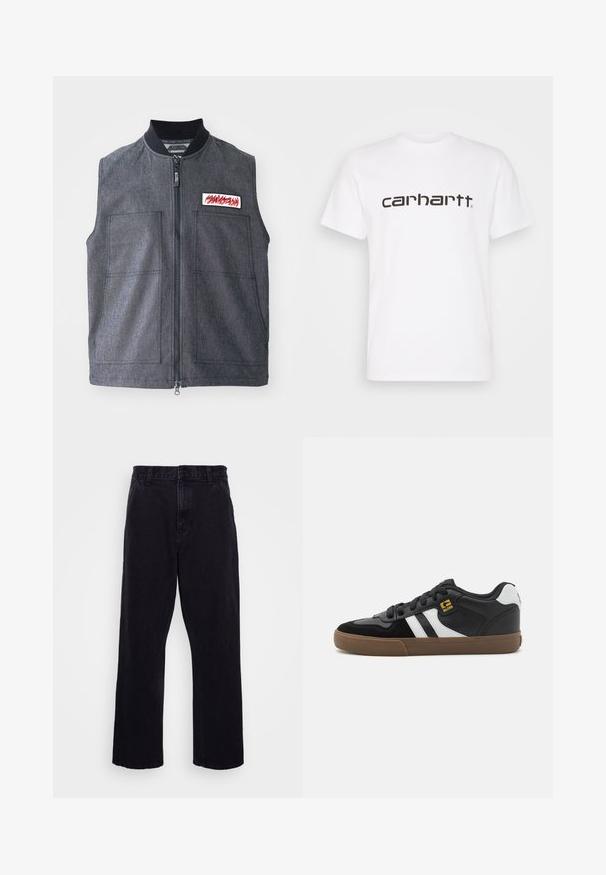 Mørkegrå vest med lynlåslukning, to store frontlommer, en ribbet krave og et dekorativt patch med et rødt design.; Hvid bomulds t-shirt med korte ærmer og rund halsudskæring. Har et stort "carhartt" logo i mørkebrun på tværs af brystet.; Sorte denimbukser med lige ben, der har en knap- og lynlåslukning, bæltestropper og minimale syninger.; Sorte og hvide sneakers med overdel i ruskind og læder, der har hvide striber, sorte snørebånd og en brun gummisål. Guld logo detaljer.