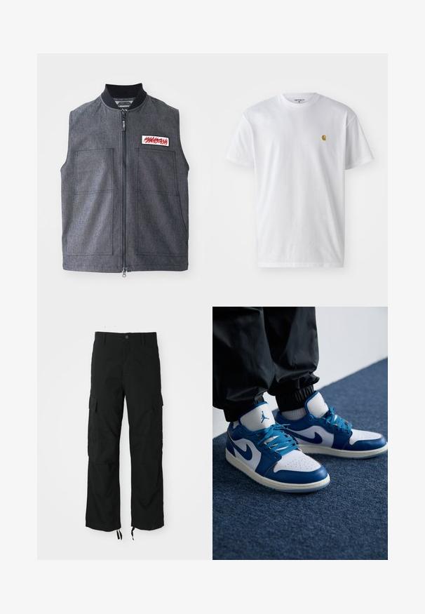 Mørkegrå vest med lynlåslukning, to store frontlommer, en ribbet krave og et dekorativt patch med et rødt design.; Hvid bomulds t-shirt med korte ærmer, rund hals og et lille guld logo på venstre brystområde. Blød tekstur og almindelig pasform.; Sorte cargo bukser lavet af slidstærkt stof, med to sidelommer, en knaplukning og justerbare nederste kanter for en løs og afslappet pasform.; Nike Air Jordan sneakers har en hvid læderbase med blå syntetiske detaljer, en perforeret tåboks og blå snørebånd.