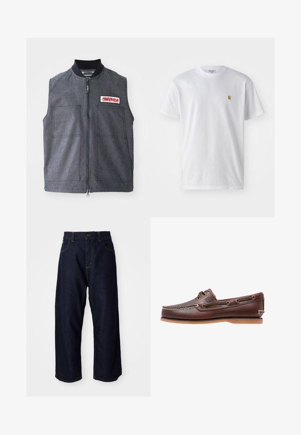 Mørkegrå vest med lynlåslukning, to store frontlommer, en ribbet krave og et dekorativt patch med et rødt design.; Hvid bomulds t-shirt med korte ærmer, rund hals og et lille guld logo på venstre brystområde. Blød tekstur og almindelig pasform.; Mørkeblå denimbukser med en afslappet pasform, der har en knapclosure, bæltestropper og gule syninger på lommer og sømme.; Brun læder bådsko med hvide sømme, snøre detaljer og lysbrun gummisål, vist fra siden på hvid baggrund.