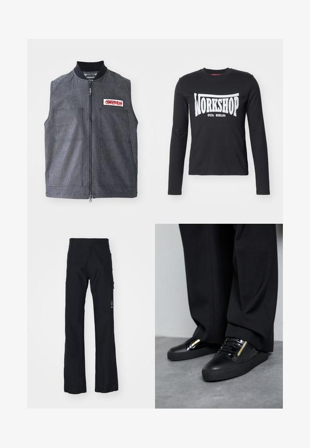 Mørkegrå vest med lynlåslukning, to store frontlommer, en ribbet krave og et dekorativt patch med et rødt design.; Sort langærmet T-shirt lavet af bomuld, med et stort hvidt "WORKSHOP 032c BERLIN" grafik foran. Glat tekstur, rund hals.; Sorte bukser lavet af et blødt, holdbart stof. Har lige ben, sidelommer og et logo på den nederste højre ben.; Sorte lædersneakers med blanke accenter, teksturerede snørebånd og lynlåsdetalje; parret med mørke, løse bukser på et gråt gulv.