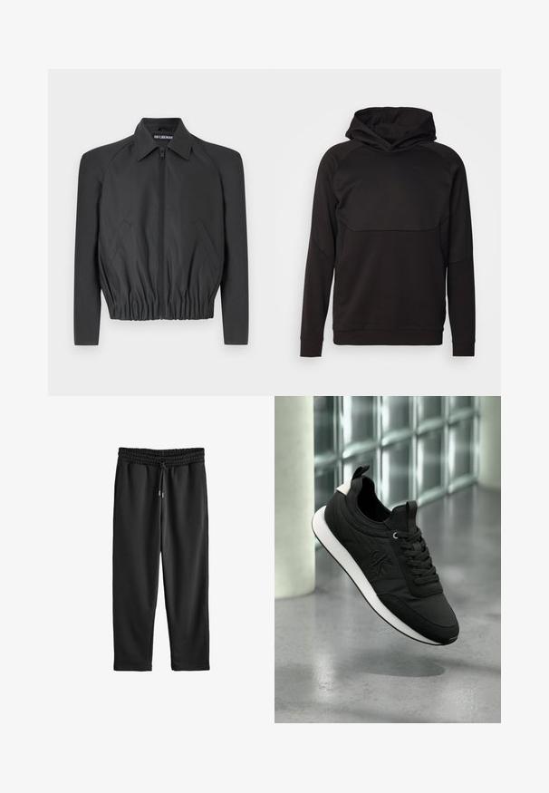 Sort cropped jakke lavet af glat stof, med lynlås foran, spidse kraver og elastisk talje, samt sidelommer og lange ærmer.; Sort hættetrøje med lange ærmer, raglan-design og en glat tekstur. Har en kengurulomme og minimalistsk branding.; Sorte joggebukser af blødt stof med elastisk linning, justerbar snøre og sidelommer. Design med kortet længde.; Sort lavtop sneaker med hvid sål, snøredesign og "ck" logo på siden, vist i et moderne indendørsmiljø.